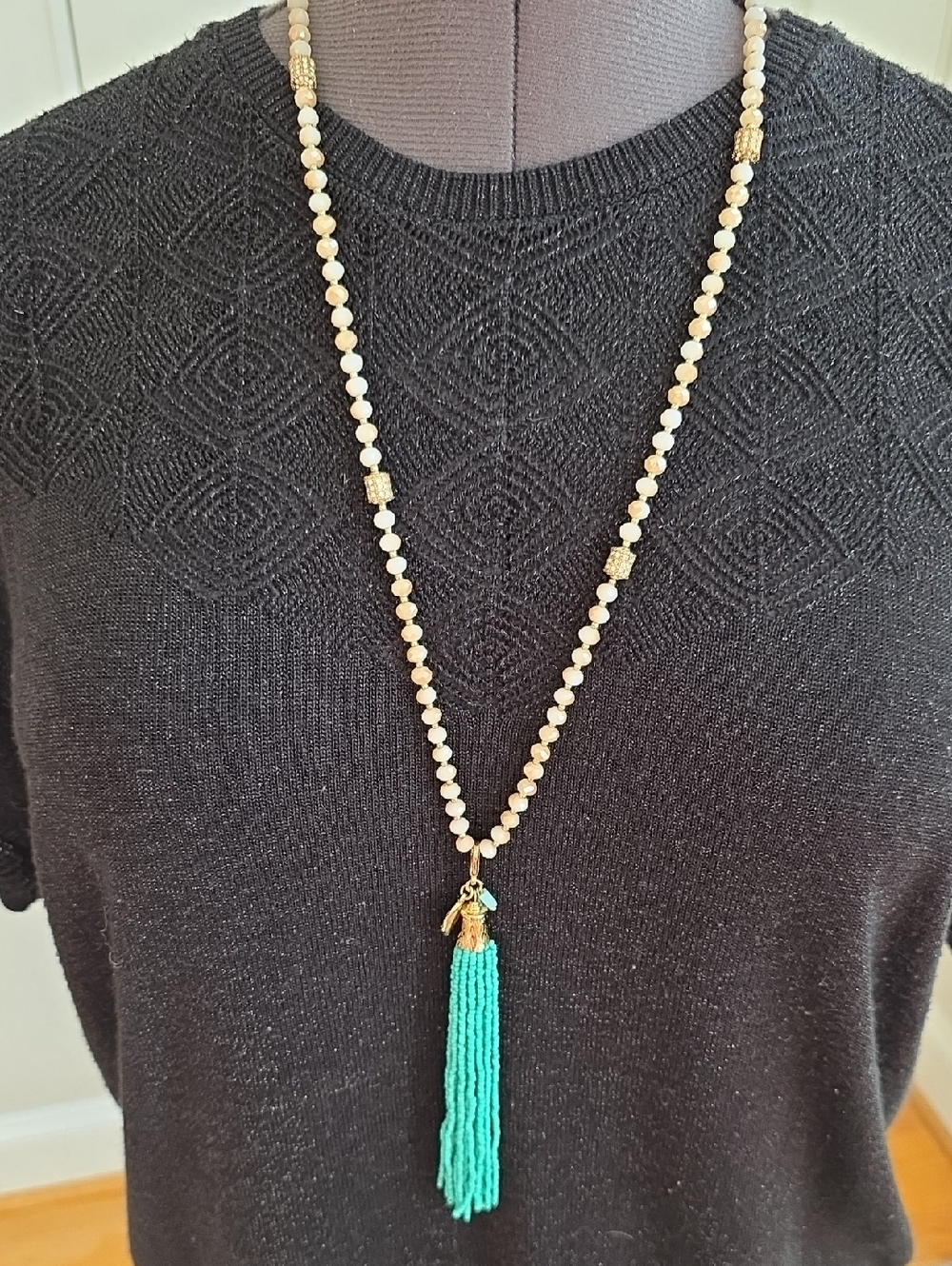 SALE Beaded Necklace with Detachable Teal Tassel And Orange Tassel